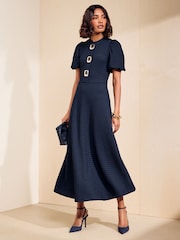 Marina de guerra - Friends Like These Vestido abotonado a media pierna con mangas abullonadas y textura - Imagen 1 de 5