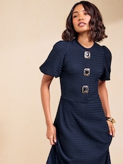 Marina de guerra - Friends Like These Vestido abotonado a media pierna con mangas abullonadas y textura - Imagen 2 de 5