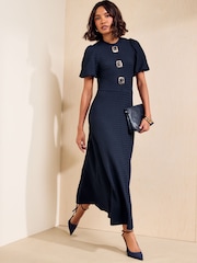 Marina de guerra - Friends Like These Vestido abotonado a media pierna con mangas abullonadas y textura - Imagen 3 de 5