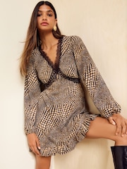 Friends Like These Chocolate Brown Long Sleeve Crinkle Lace Trim Mini Dress - Image 2 of 5