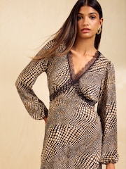 Friends Like These Chocolate Brown Long Sleeve Crinkle Lace Trim Mini Dress - Image 3 of 5
