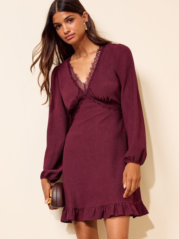 Friends Like These Aubergine Purple Long Sleeve Crinkle Lace Trim Mini Dress - Image 2 of 5 Friends Like These Aubergine Purple Long Sleeve Crinkle Lace Trim Mini Dress - Image 2 of 5