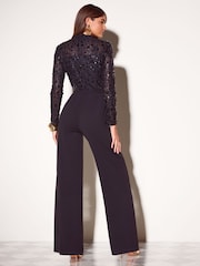 Friends Like These Black Floral Sequin Belted Long Sleeve Jumpsuit - Image 5 of 6