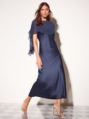 Friends Like These Navy Petite Chiffon Cape Satin Midi Dress - Image 1 of 6