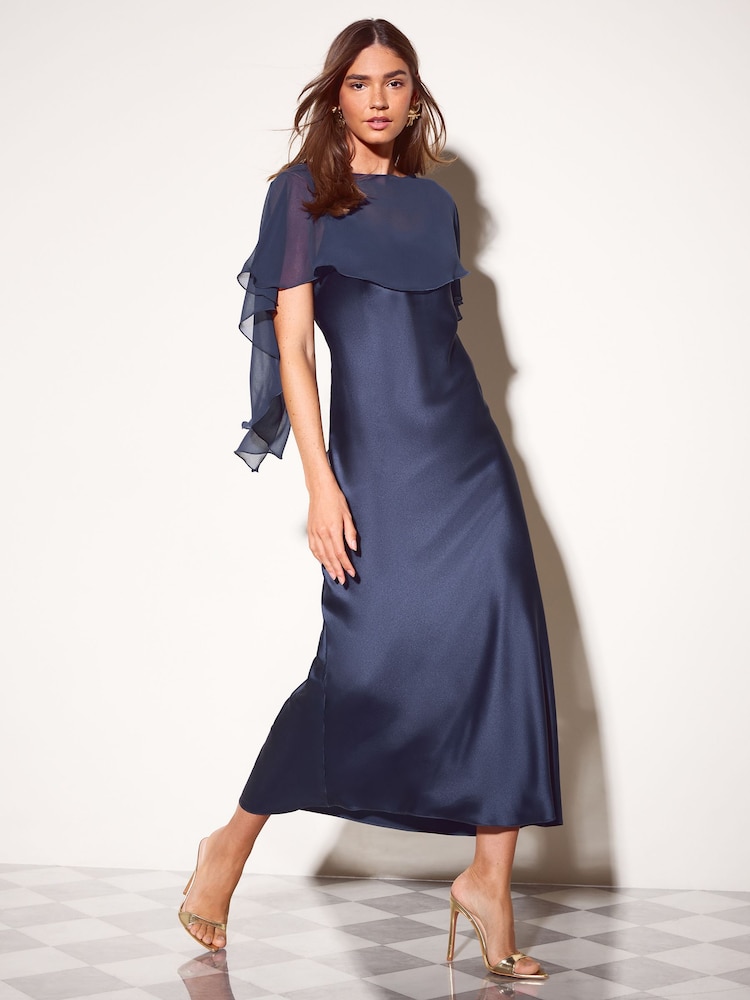 Friends Like These Navy Petite Chiffon Cape Satin Midi Dress - Image 1 of 6