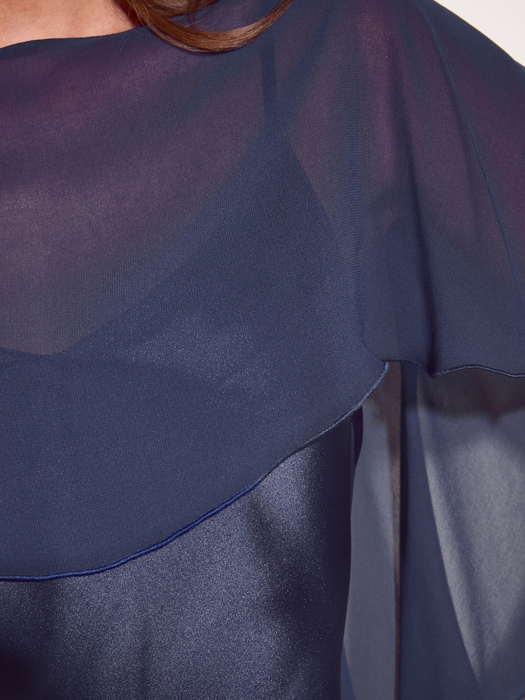 Friends Like These Navy Petite Chiffon Cape Satin Midi Dress - Image 6 of 6