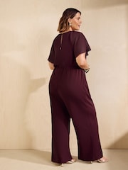 Friends Like These Aubergine Purple Curve Chiffon Flutter Sleeve Jumpsuit - Image 4 of 5