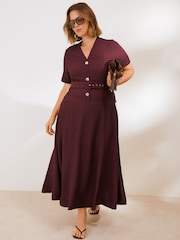 Friends Like These Berry Red Curve Short Sleeve Textured Belted Midi Dress - Image 1 of 5
