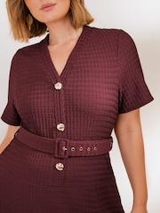Friends Like These Berry Red Curve Short Sleeve Textured Belted Midi Dress - Image 2 of 5