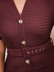 Friends Like These Berry Red Curve Short Sleeve Textured Belted Midi Dress - Image 3 of 5