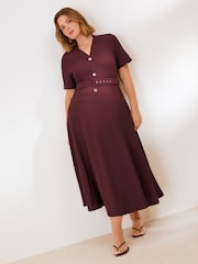 Friends Like These Berry Red Curve Short Sleeve Textured Belted Midi Dress - Image 4 of 5