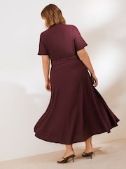 Friends Like These Berry Red Curve Short Sleeve Textured Belted Midi Dress - Image 5 of 5