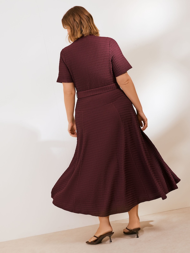 Friends Like These Berry Red Curve Short Sleeve Textured Belted Midi Dress - Image 5 of 5