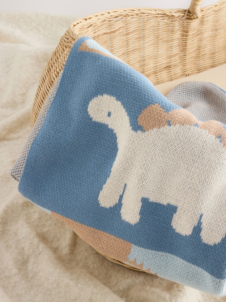 Blue/Brown Dino Scene Knitted Baby Blanket - Image 2 of 5