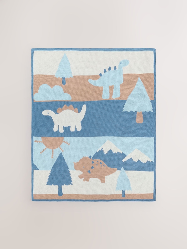 Blue/Brown Dino Scene Knitted Baby Blanket - Image 5 of 5