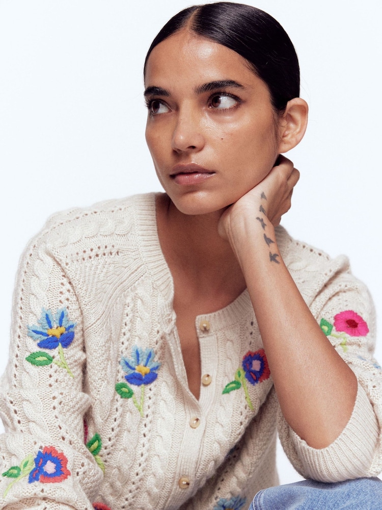 Boden Cream Liv Embroidered Cable Cardigan - Image 1 of 7