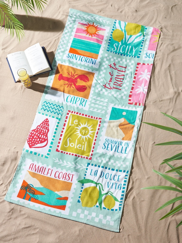 Catherine Lansfield Green Summer Postcards Cotton Beach Towel - Image 1 of 2