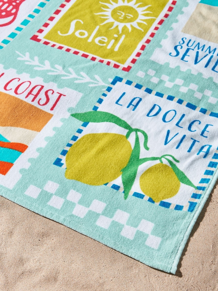 Catherine Lansfield Green Summer Postcards Cotton Beach Towel - Image 2 of 2