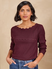 Burgunderrot - Love & Roses Scalloped Boat Neck Long Sleeve Knitted Jumper - Bild 1 von 5