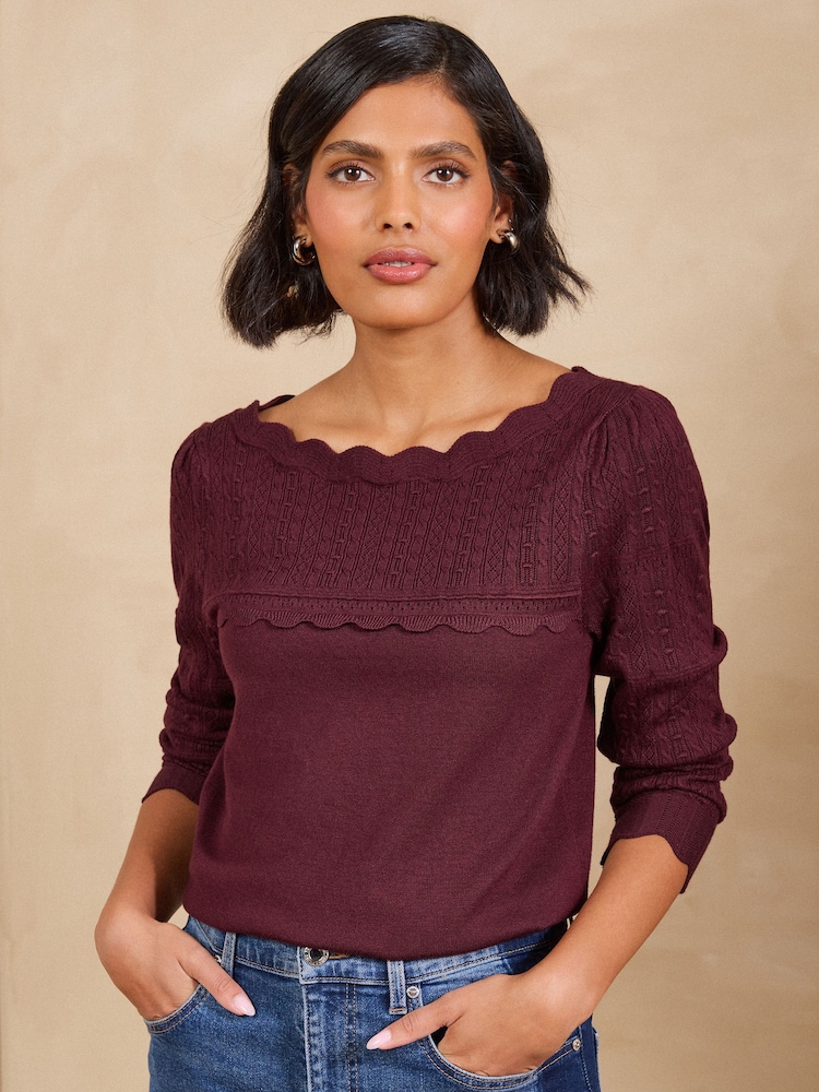 Burgunderrot - Love & Roses Scalloped Boat Neck Long Sleeve Knitted Jumper - Bild 1 von 5
