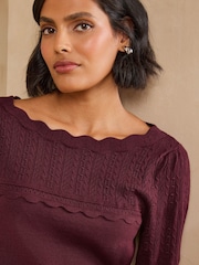 Burgunderrot - Love & Roses Scalloped Boat Neck Long Sleeve Knitted Jumper - Bild 2 von 5