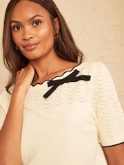 Love & Roses Ivory Scalloped Bow Detail Short Sleeve Boat Neck Knitted Top - Image 2 of 4