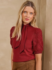 Love & Roses Rust Red Tie Neck Knitted Short Sleeve Top - Image 1 of 4