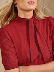 Love & Roses Rust Red Tie Neck Knitted Short Sleeve Top - Image 2 of 4