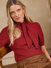 Love & Roses Rust Red Tie Neck Knitted Short Sleeve Top - Image 4 of 4