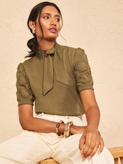 Love & Roses Khaki Green Tie Neck Knitted Short Sleeve Top - Image 1 of 4
