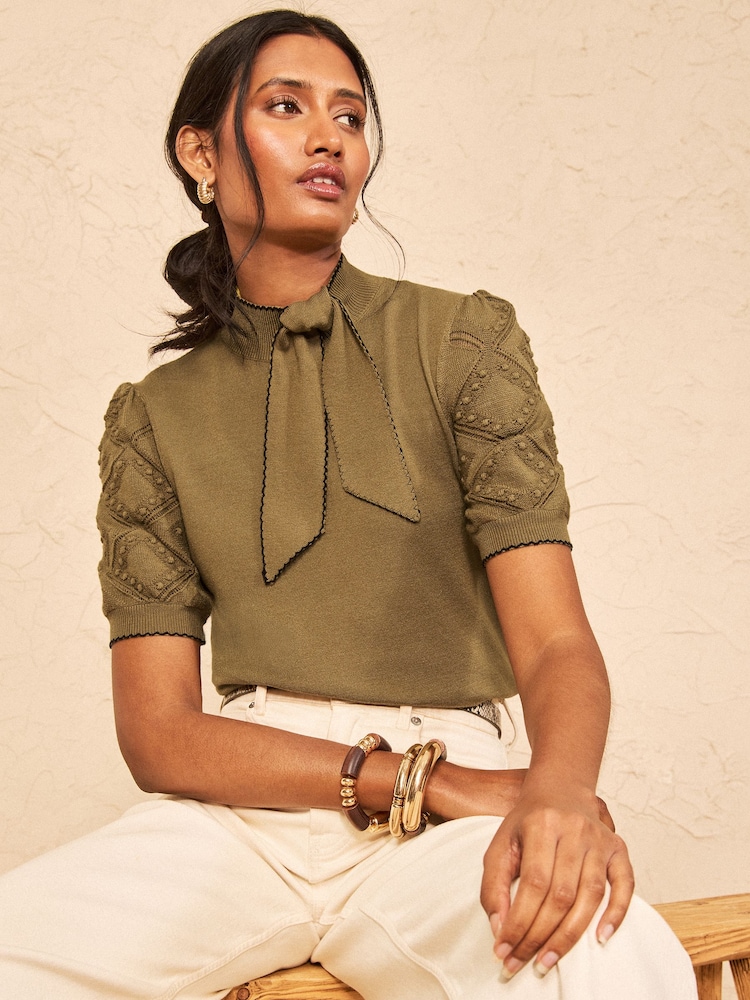 Love & Roses Khaki Green Tie Neck Knitted Short Sleeve Top - Image 1 of 4
