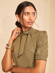 Love & Roses Khaki Green Tie Neck Knitted Short Sleeve Top - Image 2 of 4