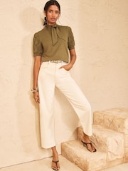 Love & Roses Khaki Green Tie Neck Knitted Short Sleeve Top - Image 3 of 4