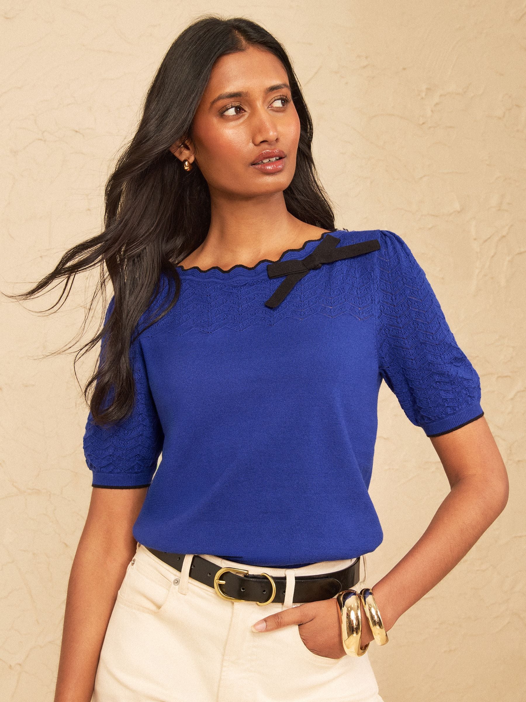 Buy Love & Roses Cobalt Blue Scalloped Bow Detail Short Sleeve