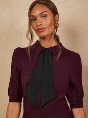 Love & Roses Burgundy Red Scarf Detail Knitted Mini Dress - Image 2 of 4