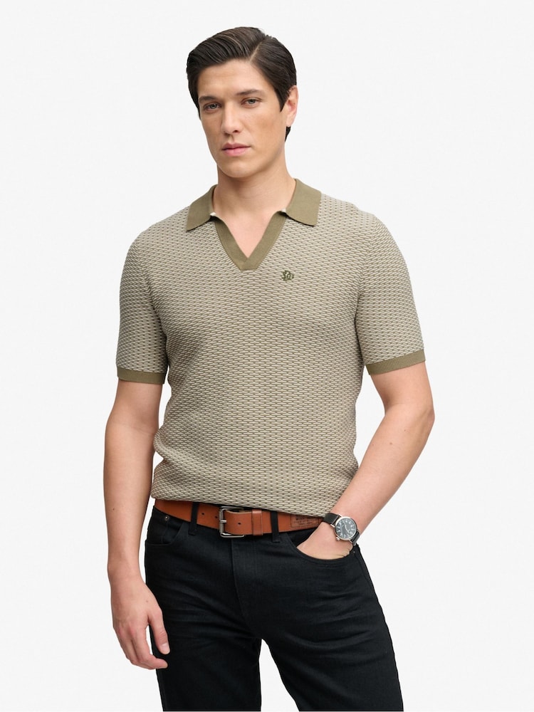 Superdry Green Johnny Collar Knitted Polo Shirt - Image 1 of 7 Superdry Green Johnny Collar Knitted Polo Shirt - Image 1 of 7