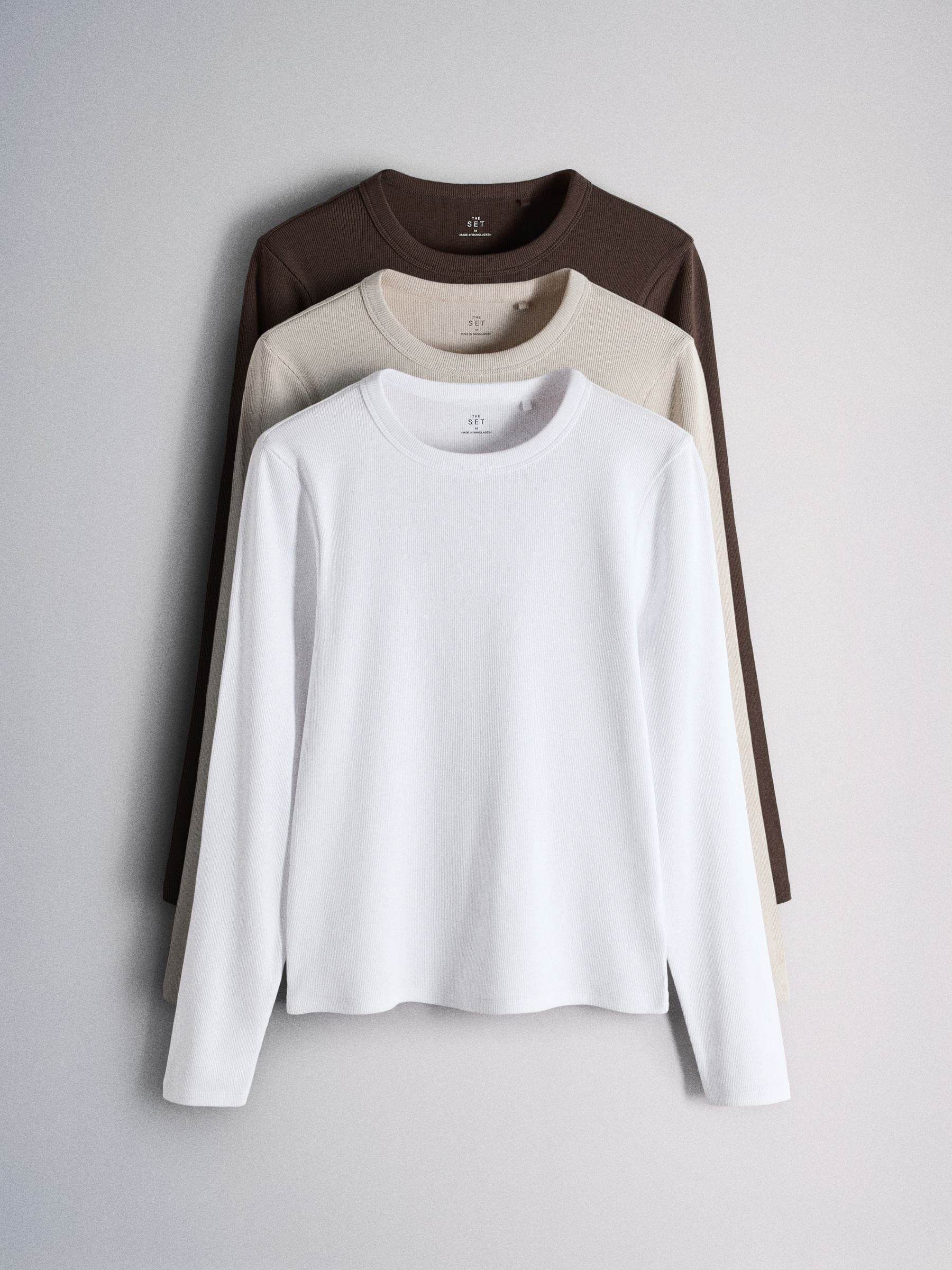 Buy The Set 3 Pack Long Sleeve Ribbed T-Shirts Brown/Neutral/White