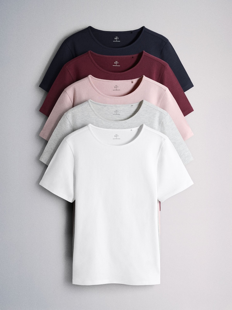 The Set 5 Pack Short Sleeve Fitted Crew Neck T-Shirts Navy/Pink/Burgundy/Grey - Image 1 of 8 The Set 5 Pack Short Sleeve Fitted Crew Neck T-Shirts Navy/Pink/Burgundy/Grey - Image 1 of 8