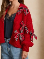 Red 3D Tartan Bow Soft Touch Chunky Knit Open Cardigan - Image 4 of 7