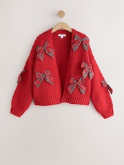 Red 3D Tartan Bow Soft Touch Chunky Knit Open Cardigan - Image 5 of 7