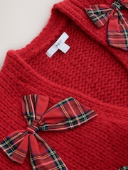 Red 3D Tartan Bow Soft Touch Chunky Knit Open Cardigan - Image 6 of 7