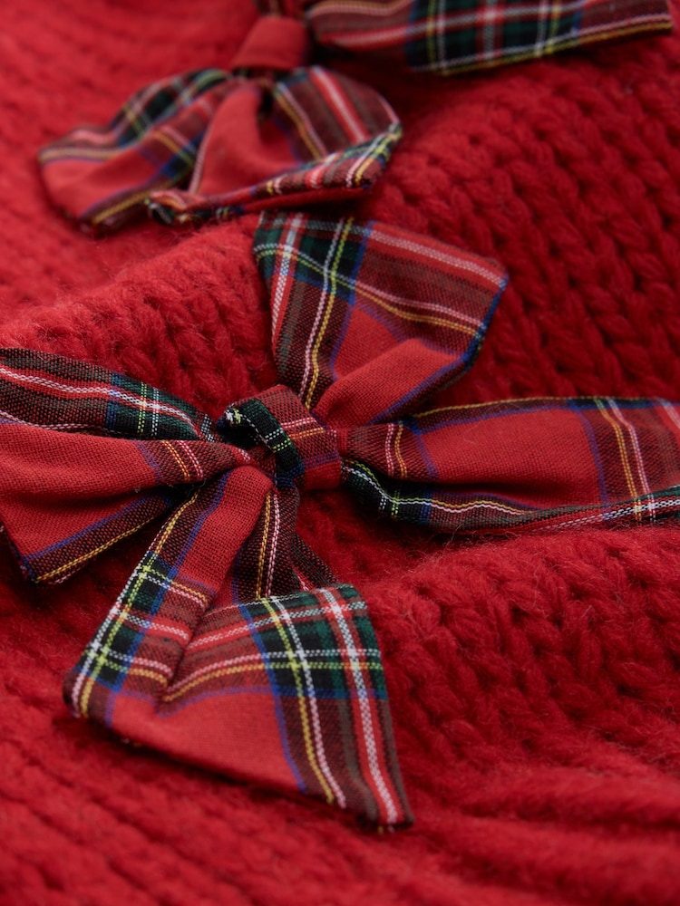 Red 3D Tartan Bow Soft Touch Chunky Knit Open Cardigan - Image 7 of 7 Red 3D Tartan Bow Soft Touch Chunky Knit Open Cardigan - Image 7 of 7