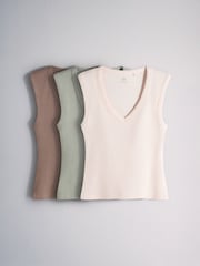 The Set Deep V-Neck Ribbed Vests 3 Pack Pale Green/Pink/Neutral - Image 1 of 6