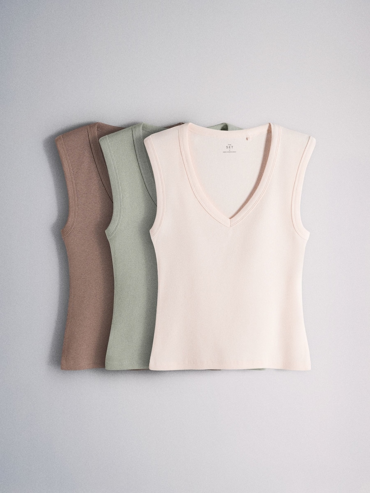 The Set Deep V-Neck Ribbed Vests 3 Pack Pale Green/Pink/Neutral - Image 1 of 6 The Set Deep V-Neck Ribbed Vests 3 Pack Pale Green/Pink/Neutral - Image 1 of 6