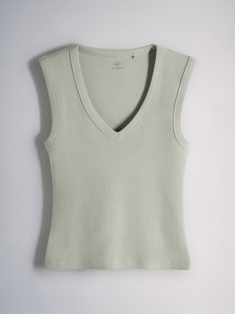 The Set Deep V-Neck Ribbed Vests 3 Pack Pale Green/Pink/Neutral - Image 2 of 6 The Set Deep V-Neck Ribbed Vests 3 Pack Pale Green/Pink/Neutral - Image 2 of 6