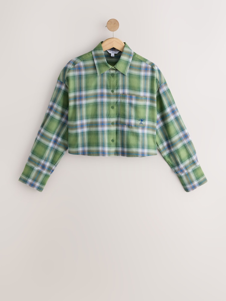 Green Check Embroidered Pocket Cropped Flannel Shirt - Image 1 of 3 Green Check Embroidered Pocket Cropped Flannel Shirt - Image 1 of 3