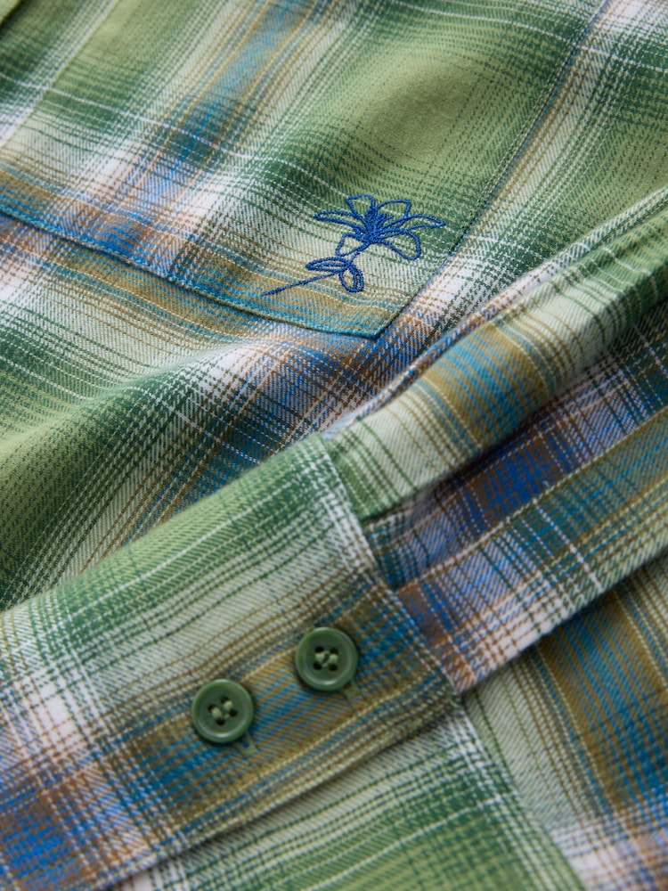 Green Check Embroidered Pocket Cropped Flannel Shirt - Image 2 of 3 Green Check Embroidered Pocket Cropped Flannel Shirt - Image 2 of 3