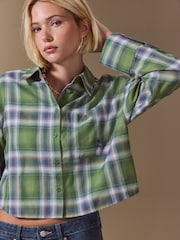Green Check Embroidered Pocket Cropped Flannel Shirt - Image 5 of 8
