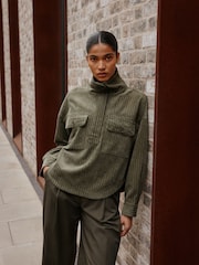 Khaki Green Soft Corduroy Funnel Overhead Shacket - Image 1 of 5