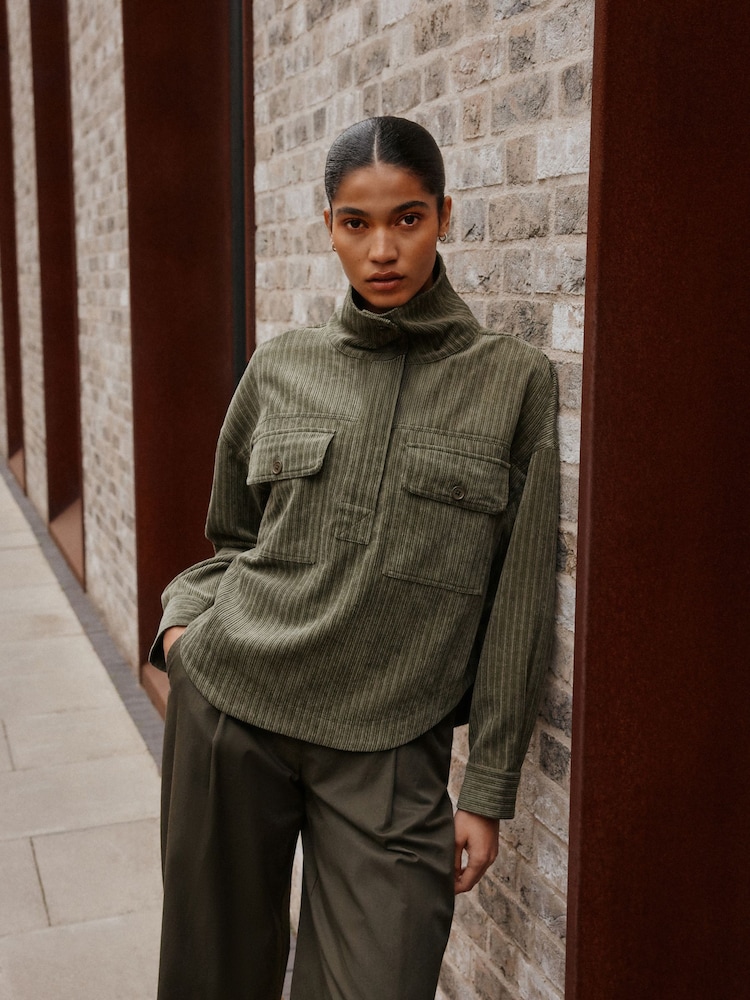 Khaki Green Soft Corduroy Funnel Overhead Shacket - Image 1 of 5 Khaki Green Soft Corduroy Funnel Overhead Shacket - Image 1 of 5
